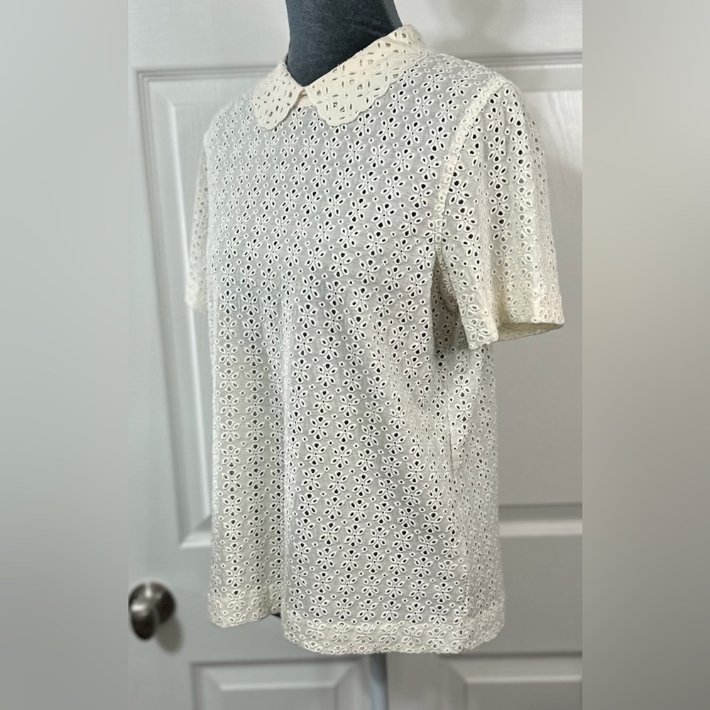 J. Crew Cream Eyelet Blouse with Collar Button Up back Cotton Peter Pan collar